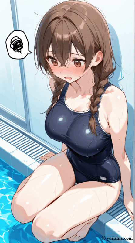1枚目のイラスト：サイズの合わない水着のせいで慌てて水から上がった柚羽