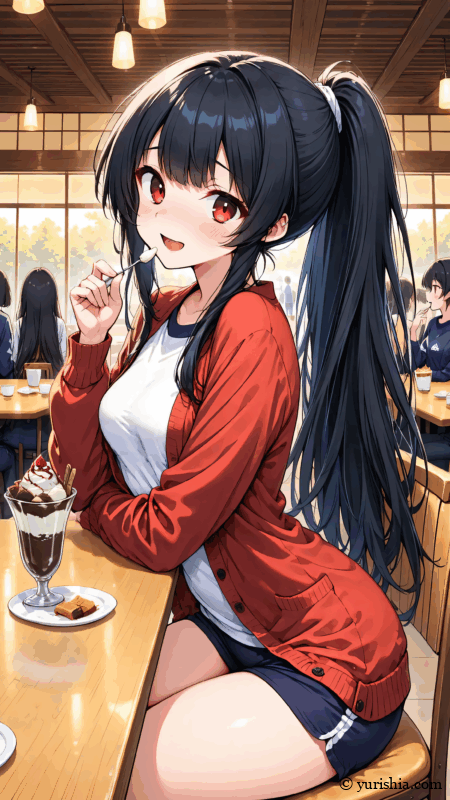 4枚目：和先生と一緒に、フードコートでチョコレートサンデーを美味しそうに食べる渚先生