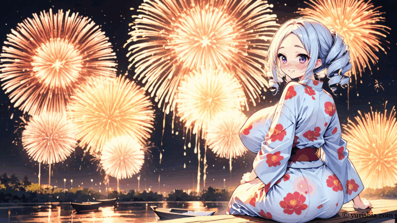 1枚目のイラスト：椿柄の浴衣を着て花火大会を淑やかに楽しむ茉里絵