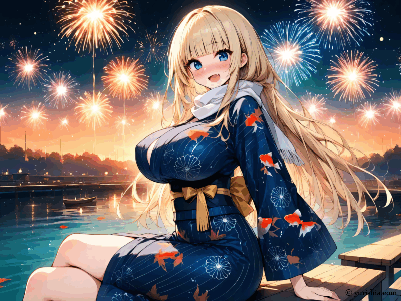2枚目のイラスト：打ち上げ花火を見ている途中で和先生に満面の笑顔を向ける雫