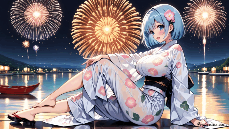 2枚目のイラスト：打ち上げ花火の前でセクシー？ポーズをとるユリシア