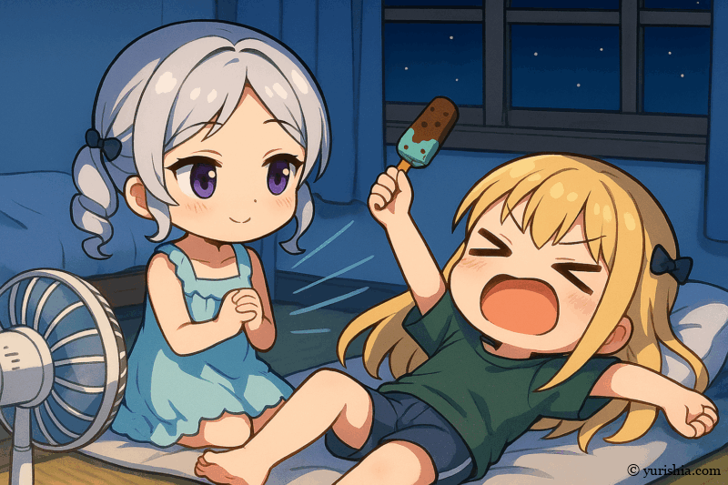 1枚目のイラスト：学院の夜の寄宿舎の相部屋で、扇風機をかけて夏の暑さに耐え忍ぶルームメイトの茉里絵と雫