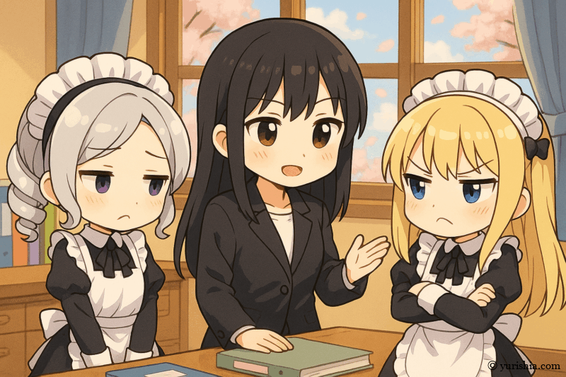 1枚目のイラスト：相部屋にされたことについて、不満を露にする茉里絵と雫に対して、教師として落ち着きを持って諭す渚先生