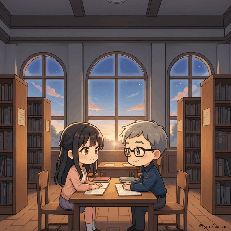 夕方の学院の図書館で、授業の進め方について話し合う2人