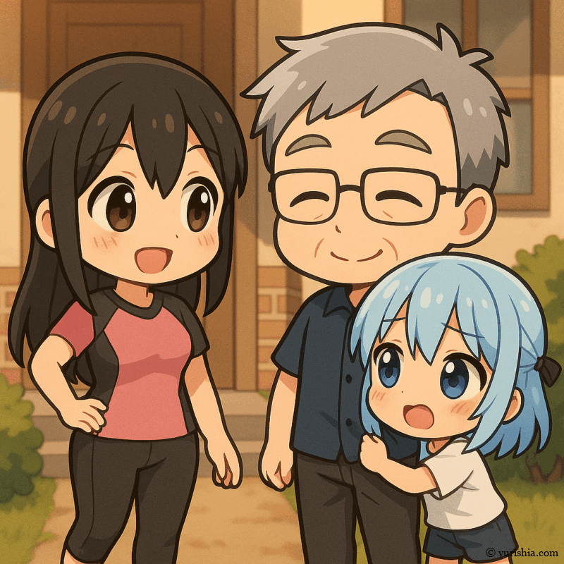 和先生の家に来た渚先生と、おにいたん♡の腕にしがみつくユリシア