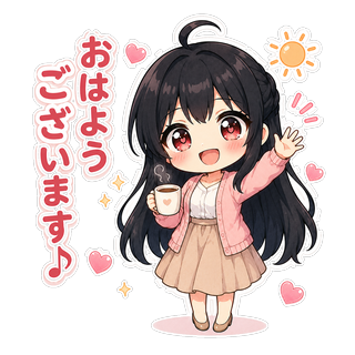 コーヒーカップを持って元気に手を振り、「おはようございます♪」と挨拶するちびキャラの渚先生