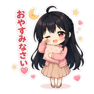 ハート柄の枕を抱いて眠そうに片目をこすり、「おやすみなさい♡」と微笑むちびキャラの渚先生