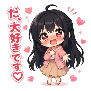 顔を真っ赤にして胸に手を当て、「だ、大好きです♡」と告白するちびキャラの渚先生