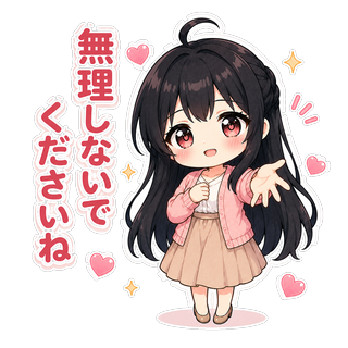 心配そうな表情で片手を差し出し、「無理しないでくださいね」と優しく気遣うちびキャラの渚先生