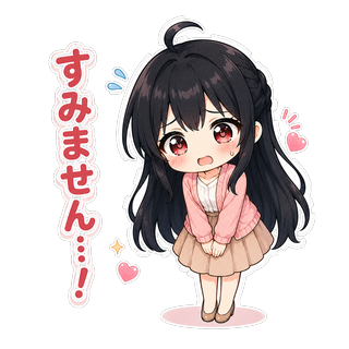 困った表情で両手を前に揃えて頭を下げ、「すみません…!」と謝るちびキャラの渚先生