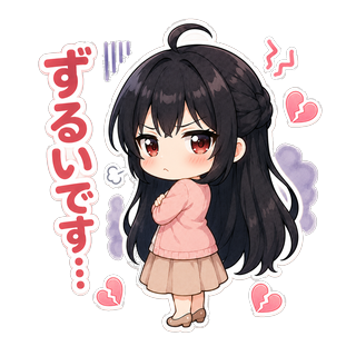 腕を組んで頬を膨らませ、背後に紫色のもやを漂わせながら「ずるいです…」と拗ねるちびキャラの渚先生