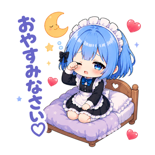 ちびキャラのユリシア・ベルリーヴがベッドの上に座り、眠そうに片目をこすりながら「おやすみなさい♡」と伝えているイラスト