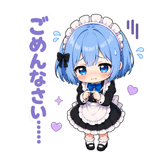 ちびキャラのユリシア・ベルリーヴが両手を胸の前で組み、涙を浮かべながら「ごめんなさい……」と謝っているイラスト