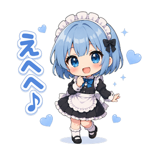 ちびキャラのユリシア・ベルリーヴが片手を頬に添え、照れたような笑顔で「えへへ♪」と笑っているイラスト