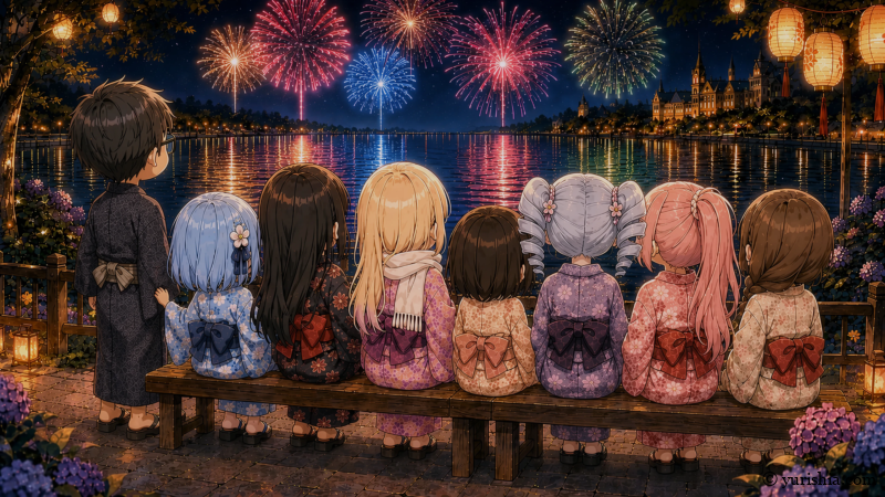 全員で色とりどりの花火を見上げる場面
