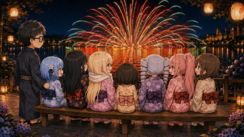 湖面いっぱいに咲く水上花火と、それを見つめる全員