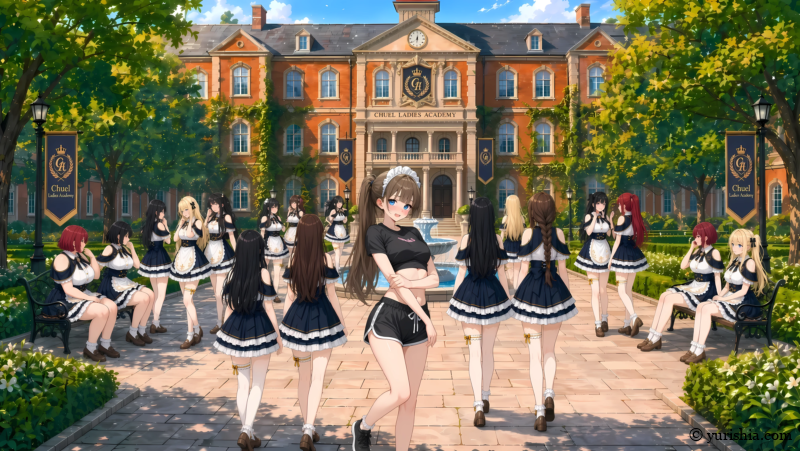 チューエル淑女養成学院 高等部本館と中庭
