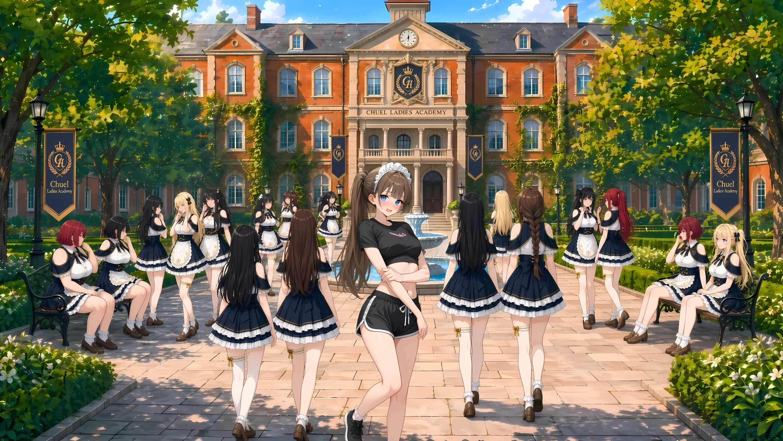 チューエル淑女養成学院 高等部本館と中庭
