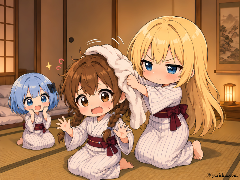 タオルでわしゃわしゃ髪を拭かれる柚羽