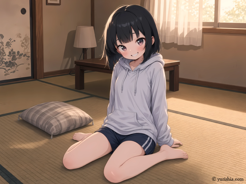 畳の部屋で姉の雫をからかうように微笑む、小学6年生の妹・美咲