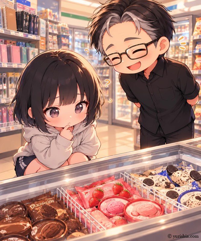 コンビニのアイス売り場でどれを選ぶか迷う美咲を、笑顔で見守る和先生