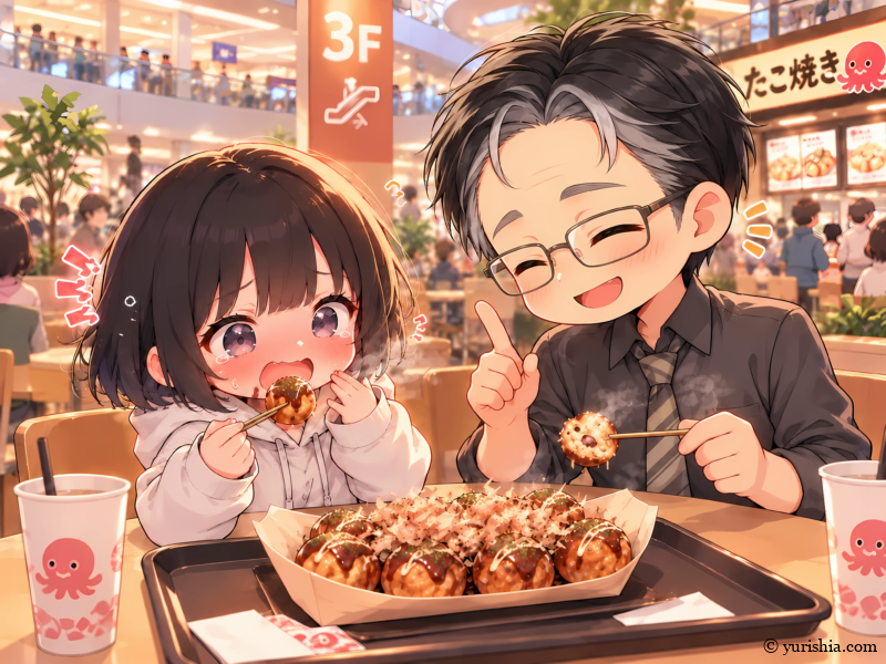 ショッピングモールのフードコートで、熱々のたこ焼きを一緒に楽しむ美咲と和先生