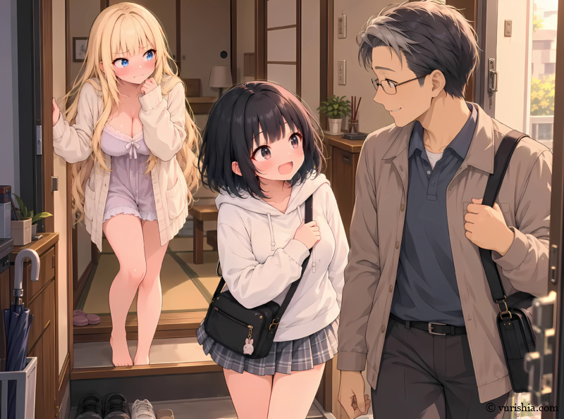 休日の朝、雫に見送られながら、鋼鉄天使ミカのイベントへ出かける美咲と和先生