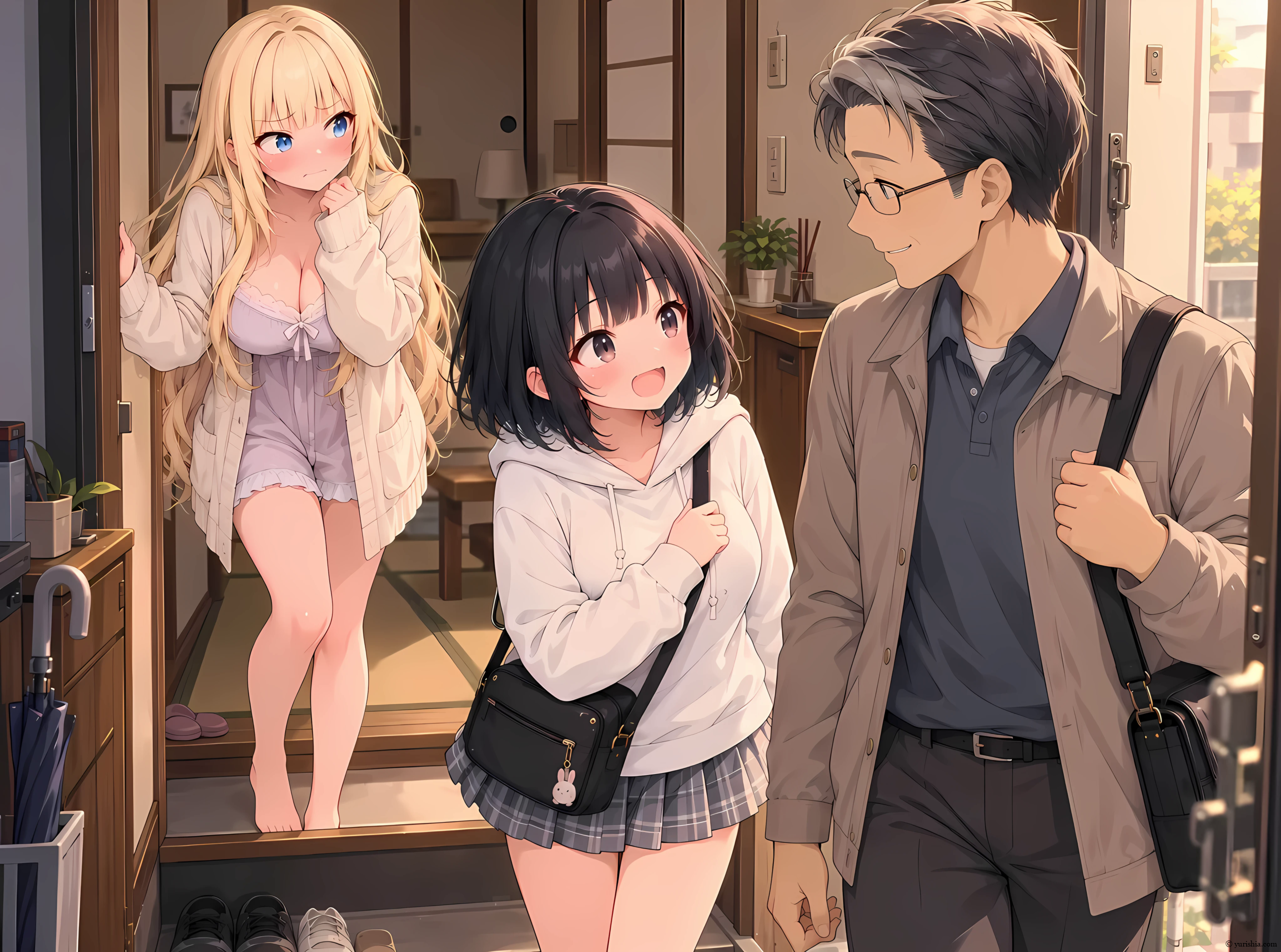 休日の朝、雫に見送られながら、鋼鉄天使ミカのイベントへ出かける美咲と和先生