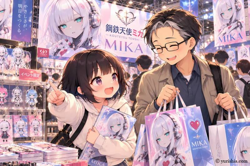 鋼鉄天使ミカのグッズ即売会で、限定グッズを購入して楽しそうに盛り上がる美咲と和先生