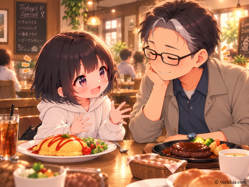洋食店でオムライスとハンバーグを囲み、姉の雫について熱心に語る美咲と、優しく耳を傾ける和先生