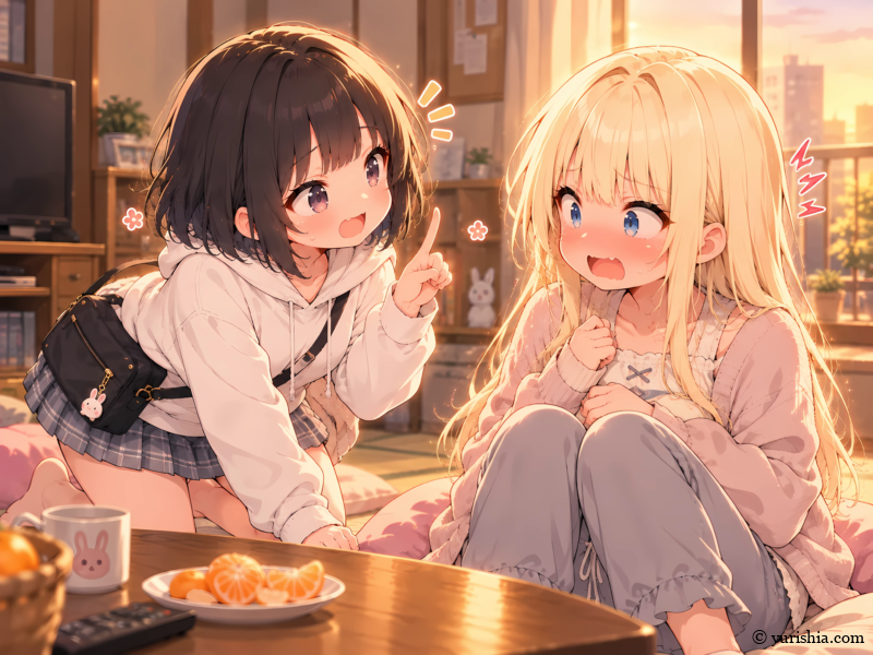 夕暮れの自宅で、和先生との会話を報告する美咲と、照れながらも嬉しそうな姉の雫