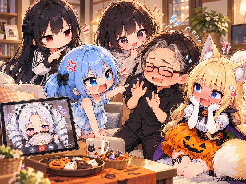 雫のハロウィン衣装をめぐってユリシアと美咲に問い詰められる和先生を、渚先生とビデオ通話中の茉里絵が見守る賑やかな一幕